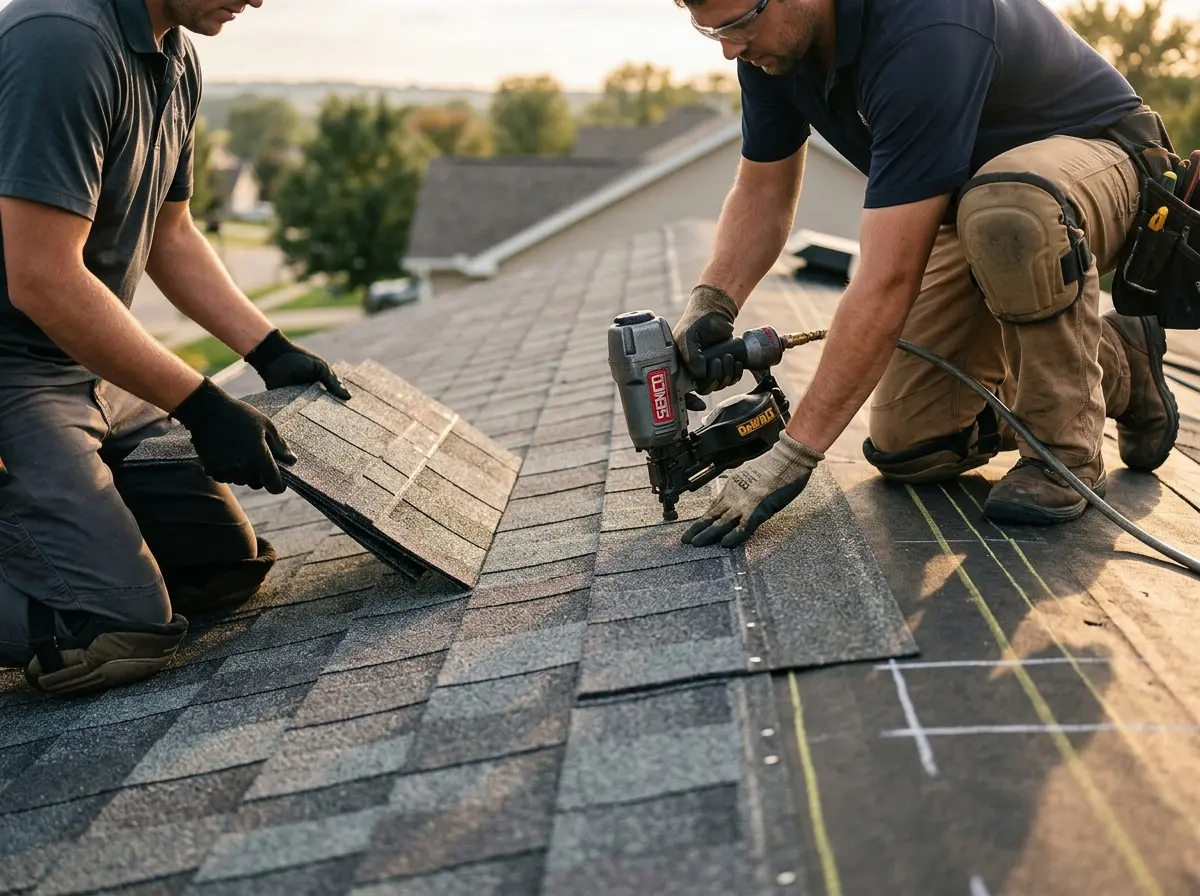 Professional roofer working on a residential roof in Universal City